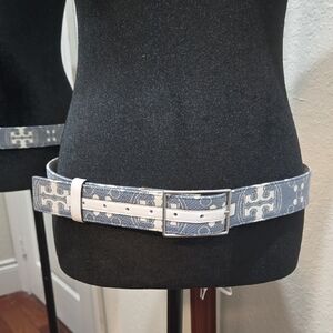 Tory Burch Denim and White Patterned Belt